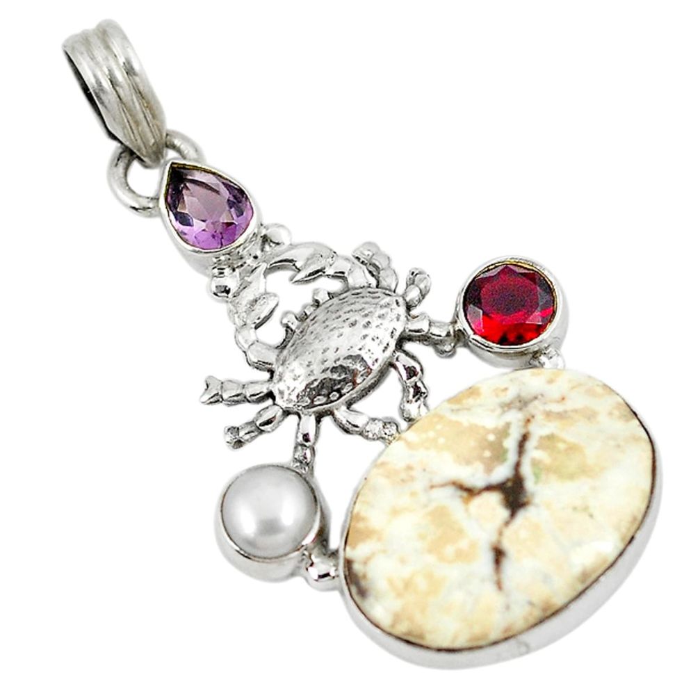 Natural white wild horse magnesite pearl garnet 925 silver crab pendant d8563