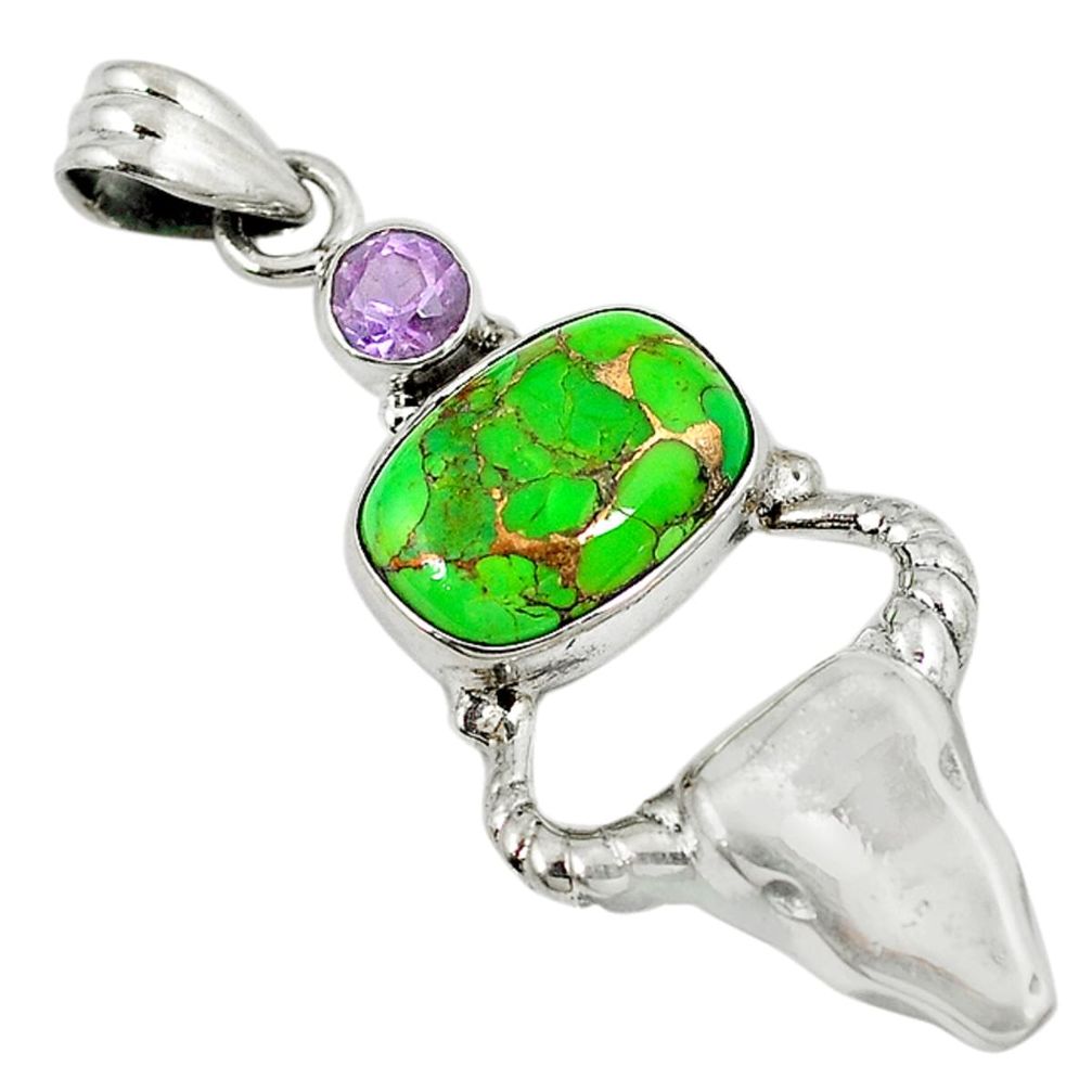 Green copper turquoise amethyst 925 sterling silver bull charm pendant d8629