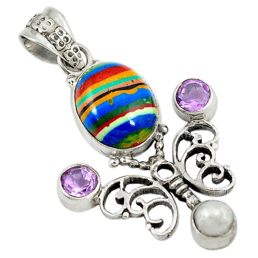Natural multi color rainbow calsilica pearl 925 silver butterfly pendant d8639