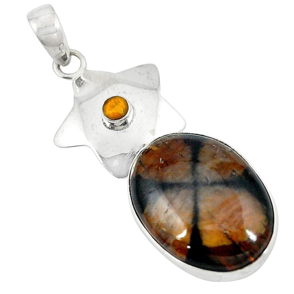 Natural brown chiastolite tiger's eye 925 sterling silver pendant d9085