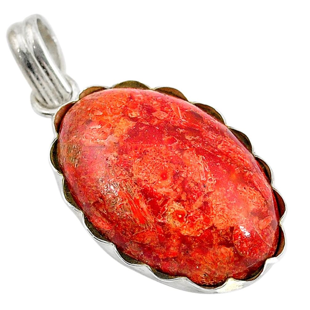 Natural red sponge coral oval 925 sterling silver pendant jewelry d9229