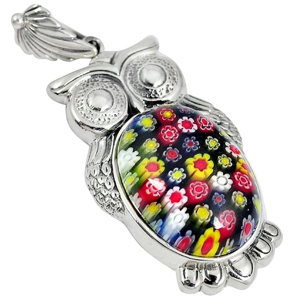 Multi color italian murano glass 925 sterling silver owl pendant jewelry j27306