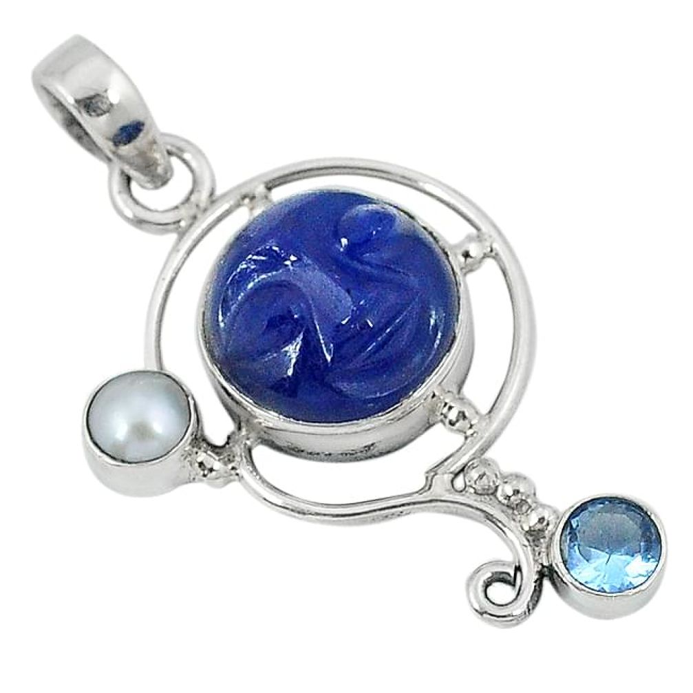 Blue jade moon face topaz pearl 925 sterling silver pendant jewelry j29921