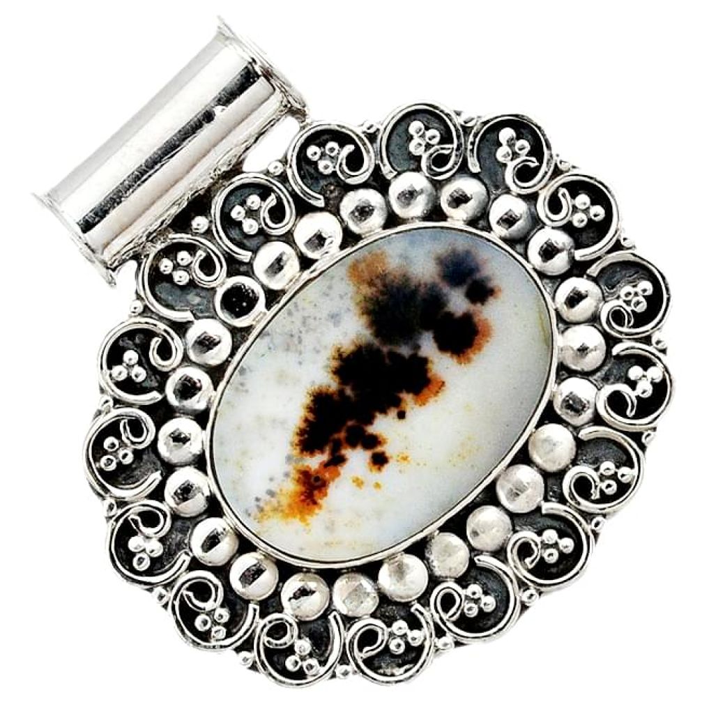 Natural scenic russian dendritic agate oval 925 sterling silver pendant j34045