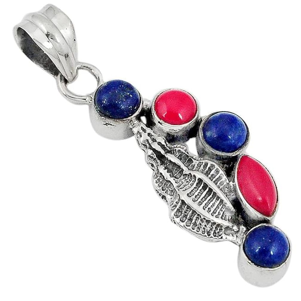 Red blood coral lapis 925 sterling silver conch shell pendant jewelry j34245