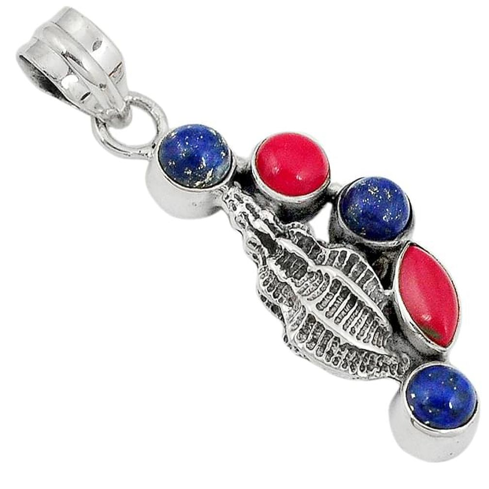 Red blood coral lapis 925 sterling silver conch shell pendant jewelry j34252