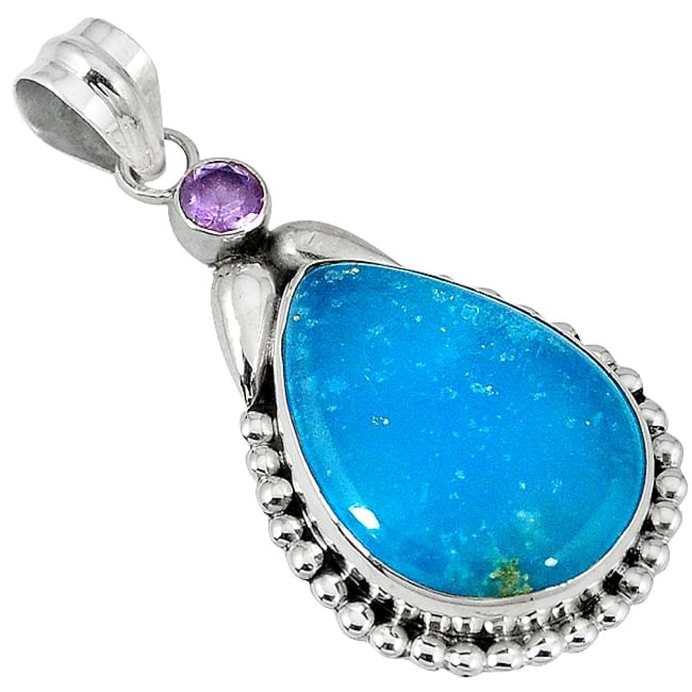 Blue smithsonite purple amethyst 925 sterling silver pendant jewelry j39332