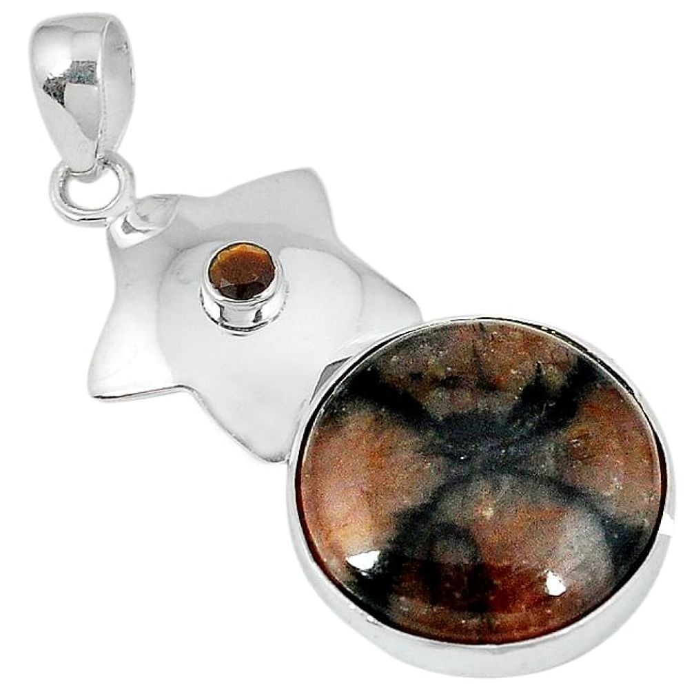 Natural brown chiastolite tiger's eye 925 sterling silver pendant j39430