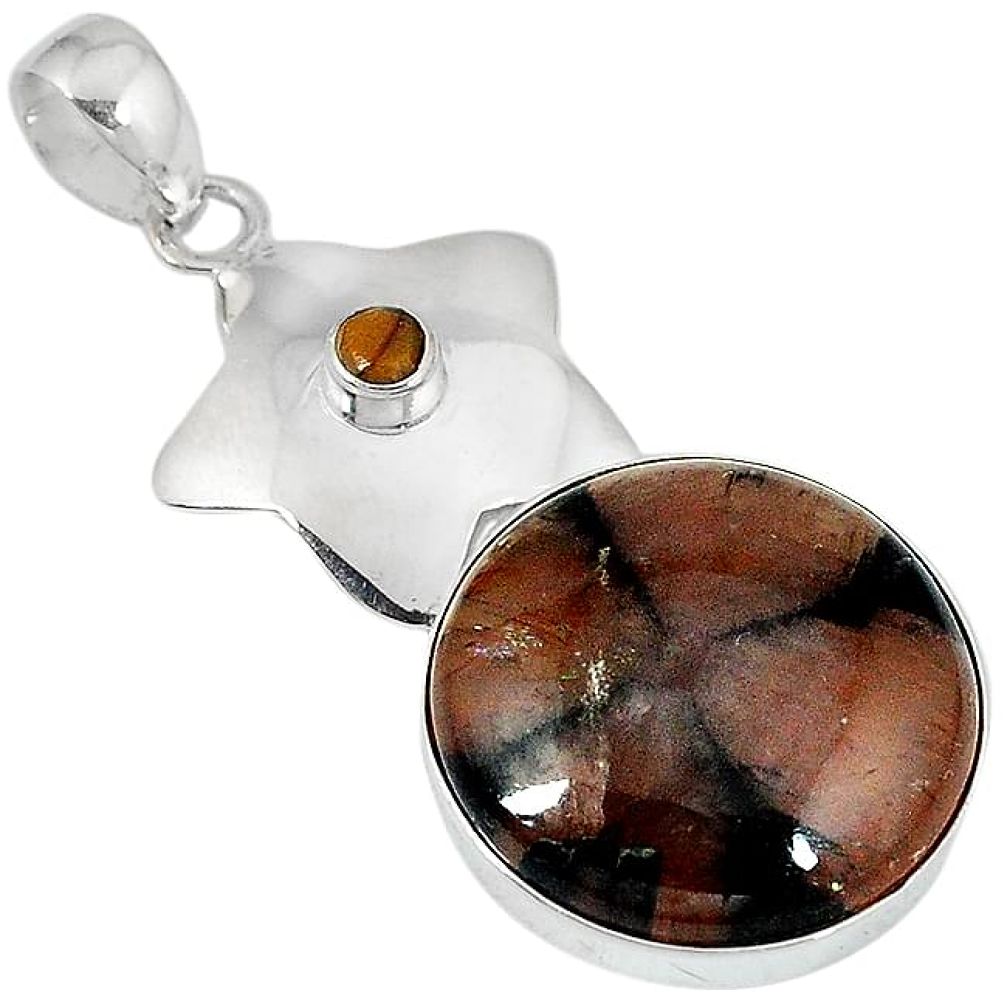 Natural brown chiastolite tiger's eye 925 silver pendant jewelry j39437