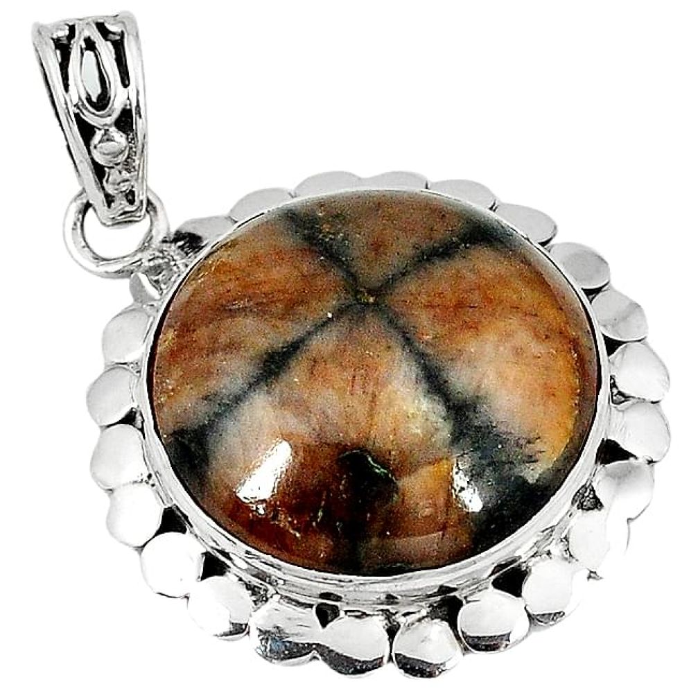Natural brown chiastolite round 925 sterling silver pendant jewelry j39438