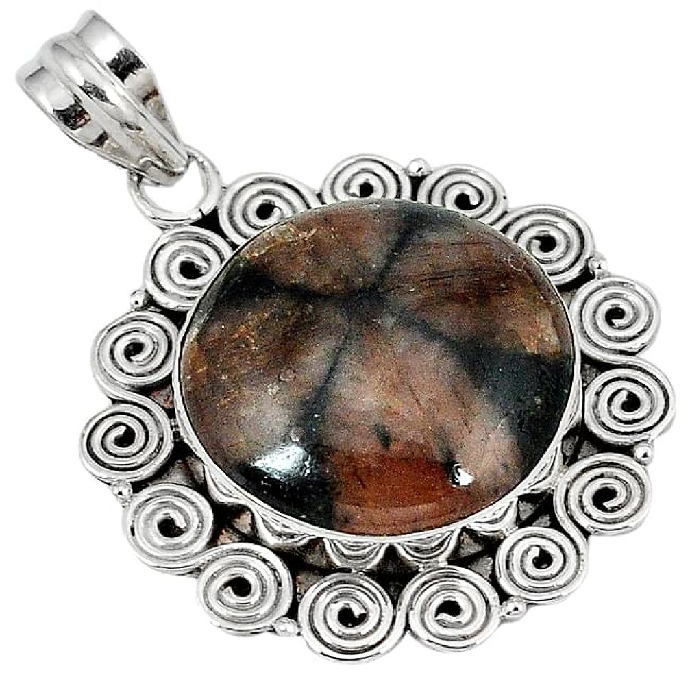 Natural brown chiastolite round 925 sterling silver pendant jewelry j39439