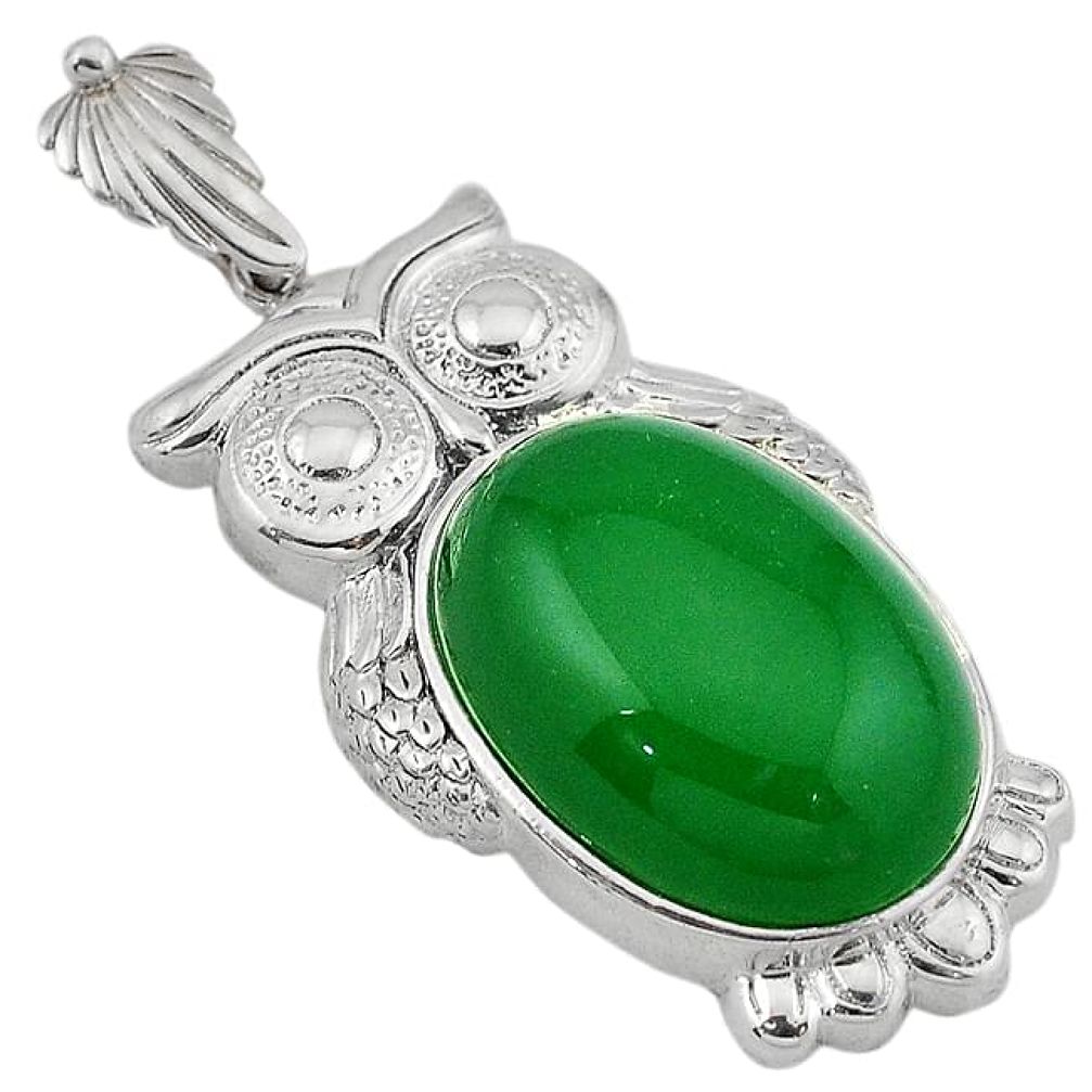 Green jade oval shape 925 sterling silver owl pendant jewelry j39883