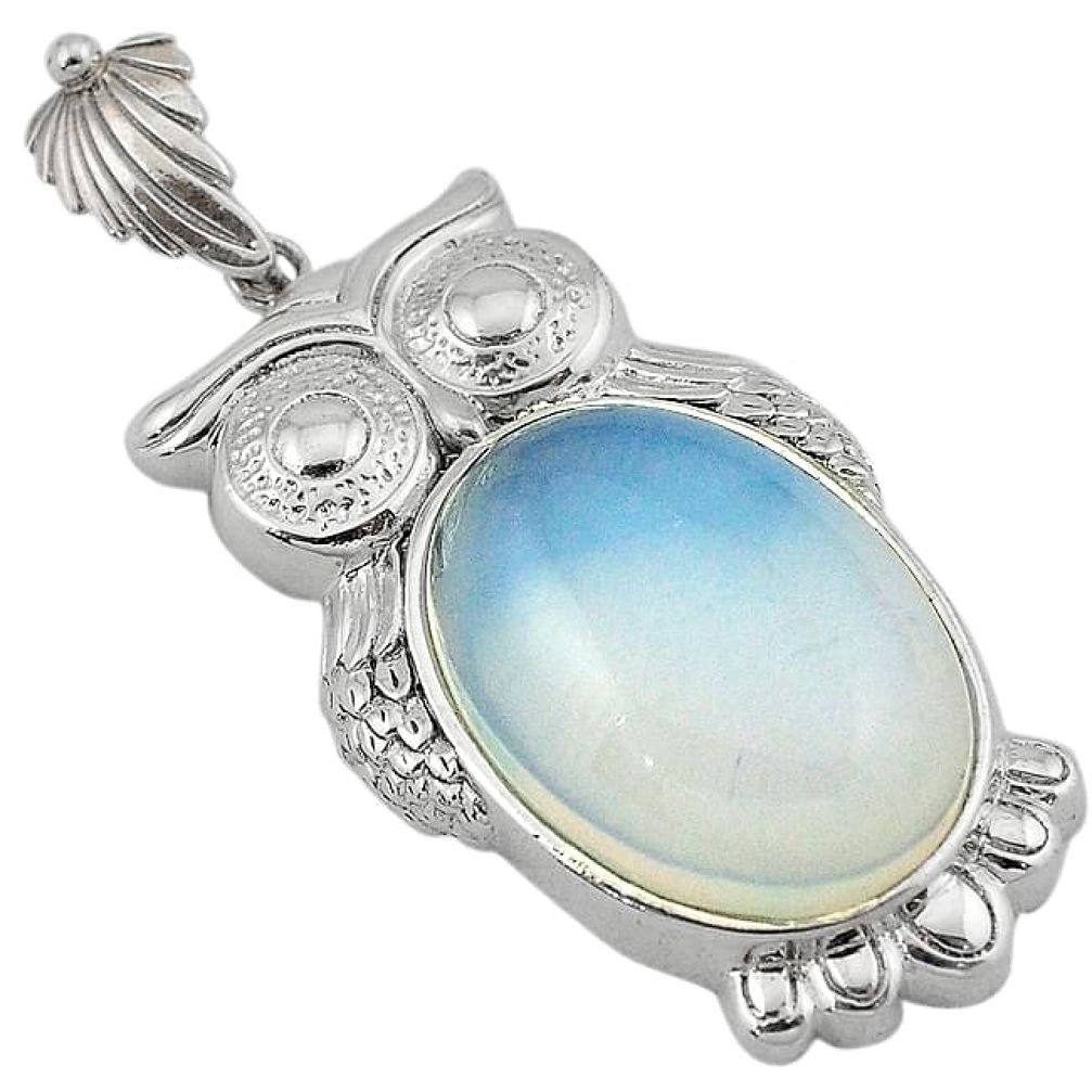 Natural white opalite oval 925 sterling silver owl pendant jewelry j39886