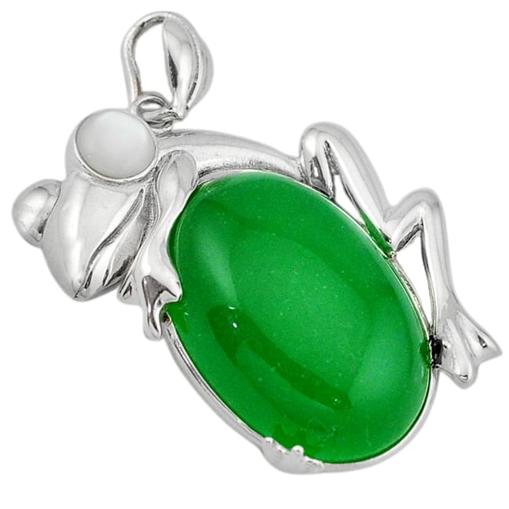 Green jade oval white pearl 925 sterling silver frog pendant jewelry j39896