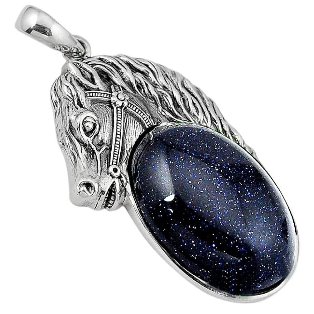 925 sterling silver natural blue goldstone oval horse pendant jewelry j39903