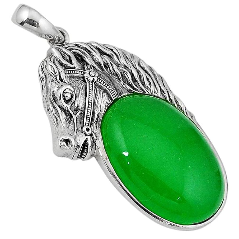 Green jade oval shape 925 sterling silver horse pendant jewelry j39907