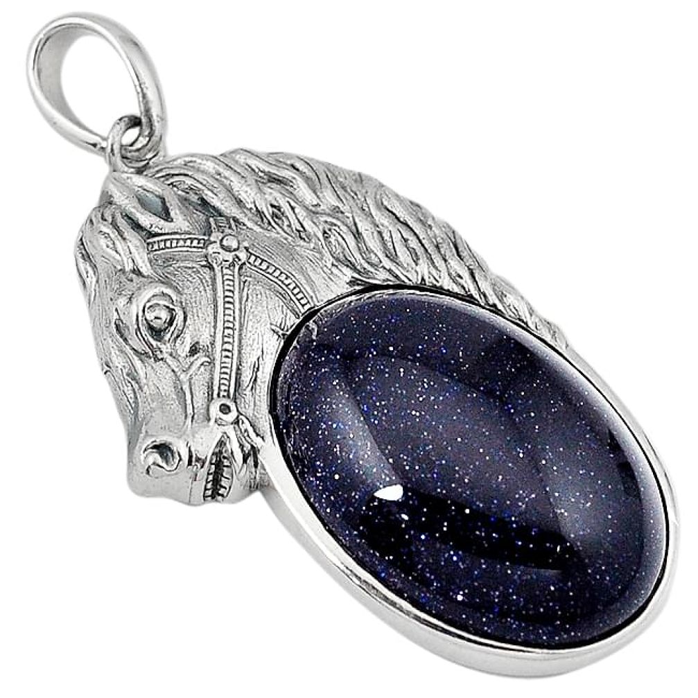 Natural blue goldstone oval 925 sterling silver horse pendant jewelry j39920