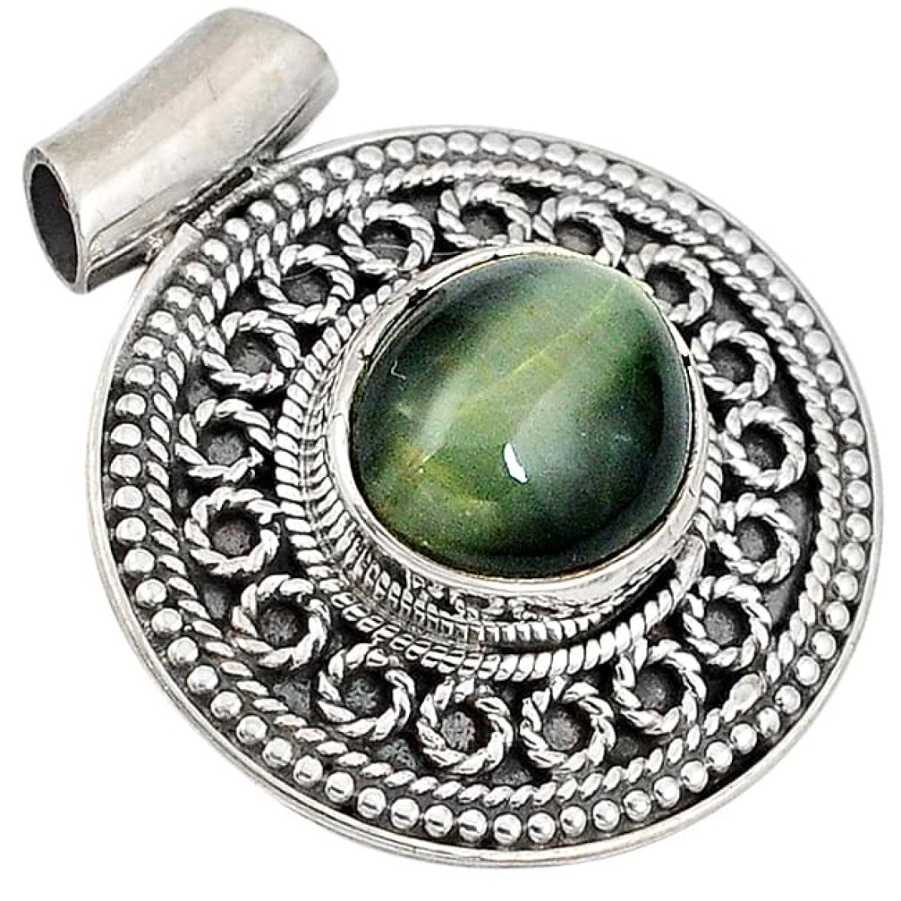 Green cats eye oval 925 sterling silver pendant jewelry j41388