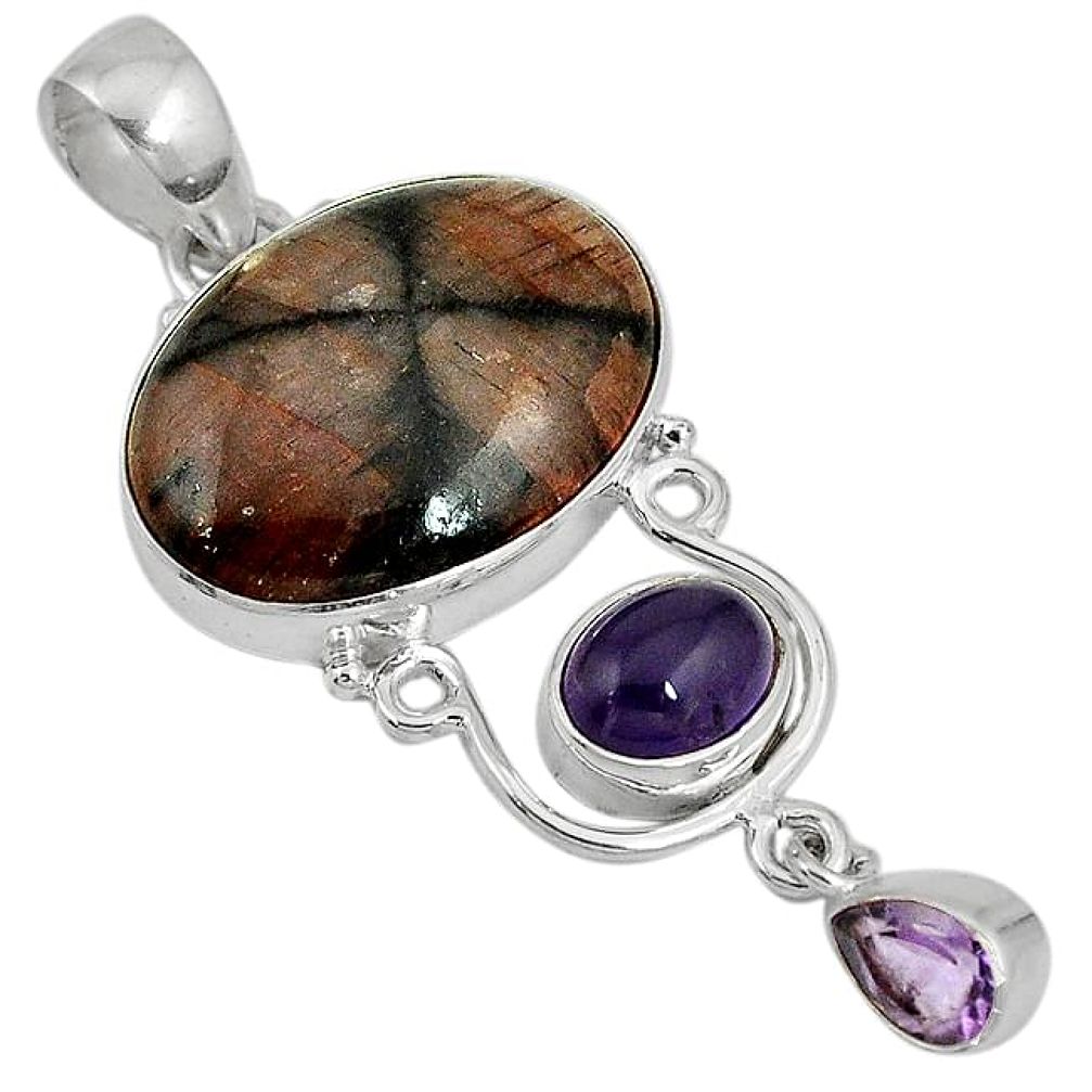 Natural brown chiastolite purple amethyst 925 sterling silver pendant j41943