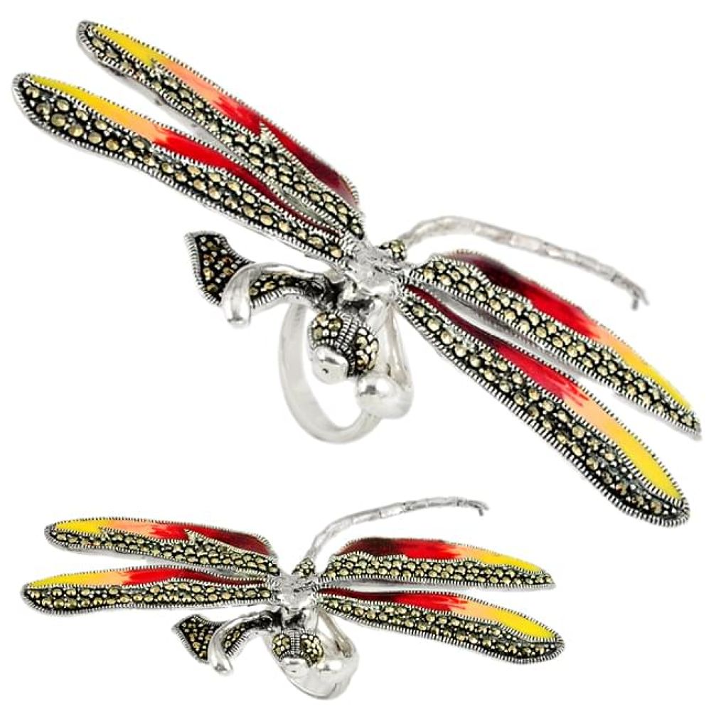 Large dragonfly full hand heavy swiss marcasite enamel 925 silver pendant j43202