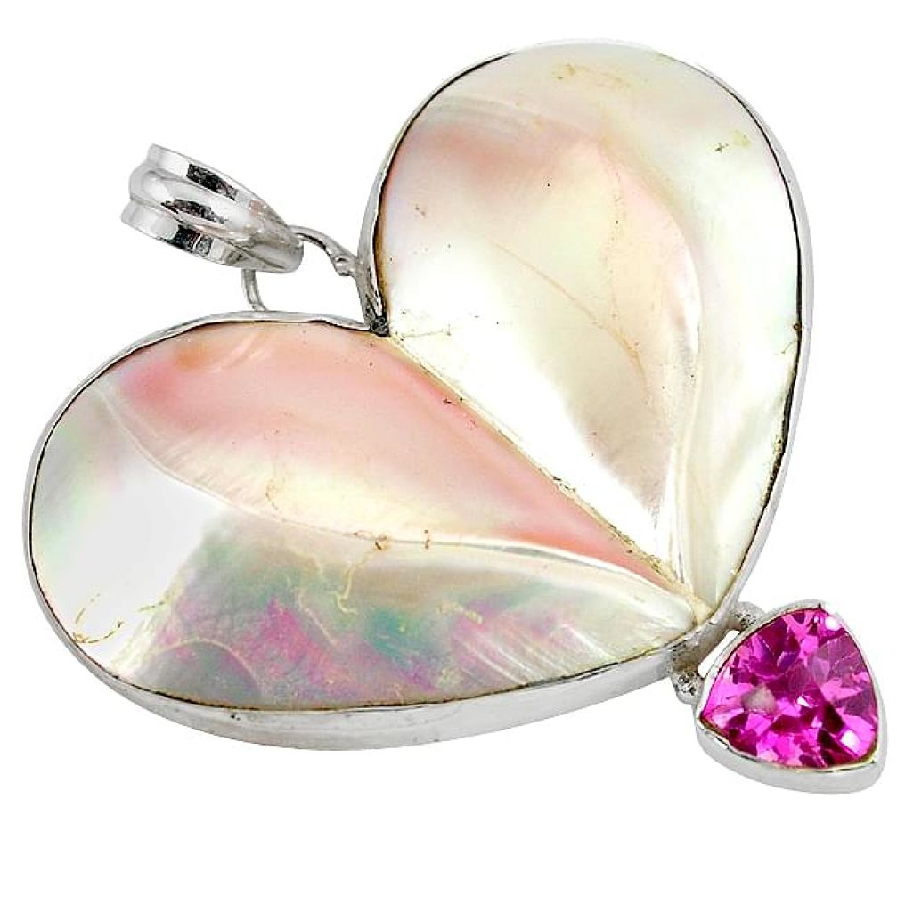 Natural white mother of pearl heart kunzite (lab) 925 silver pendant j43228