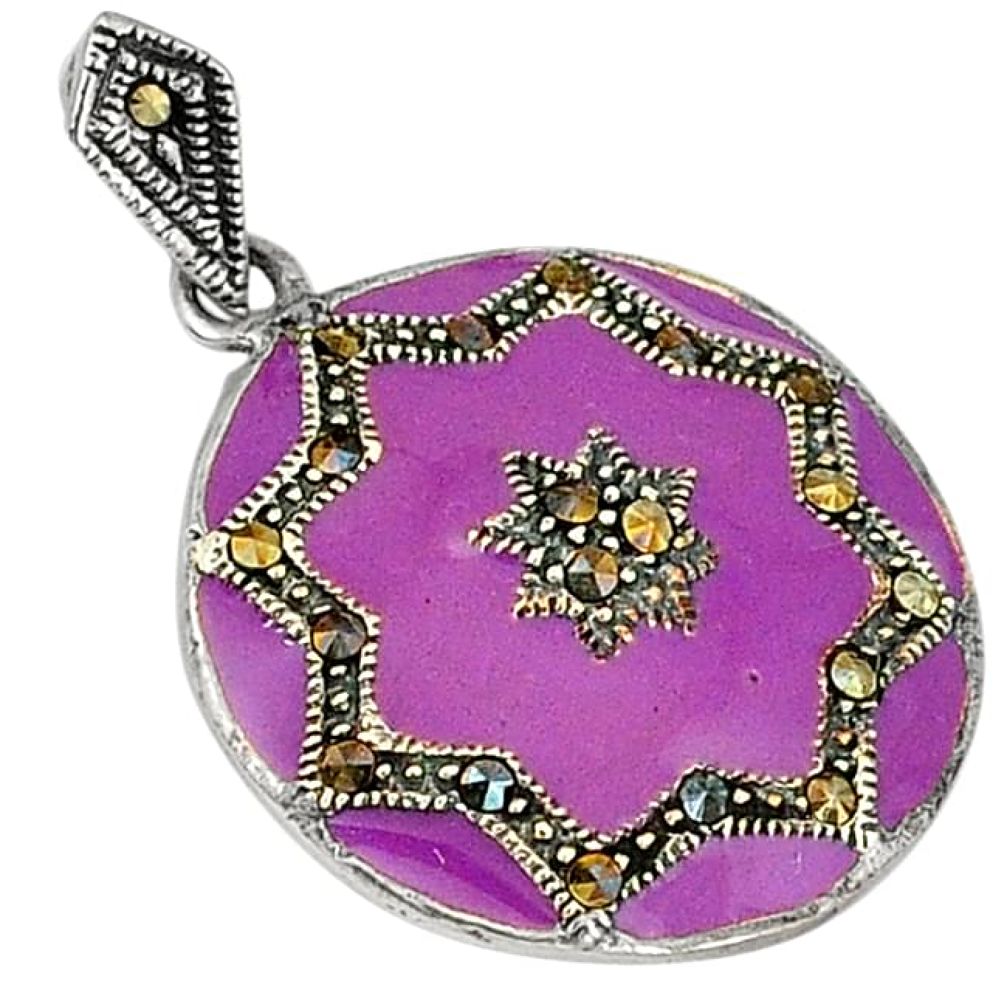 Swiss marcasite purple enamel 925 sterling silver pendant jewelry j43797