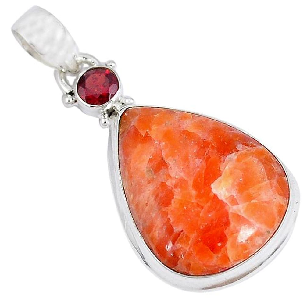 Natural orange calcite pear red garnet 925 sterling silver pendant j50168