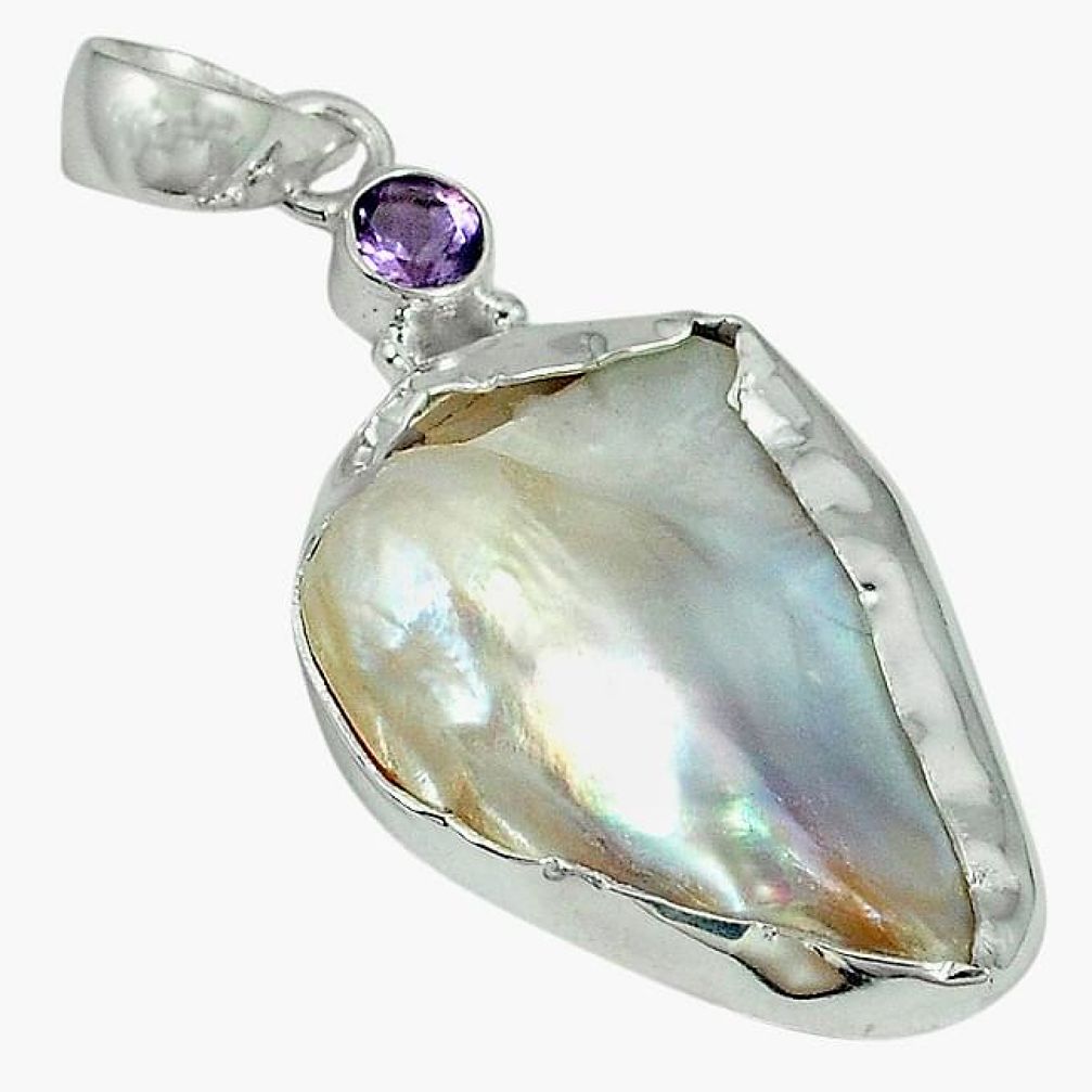 925 silver natural white mother of pearl fancy purple amethyst pendant k10310