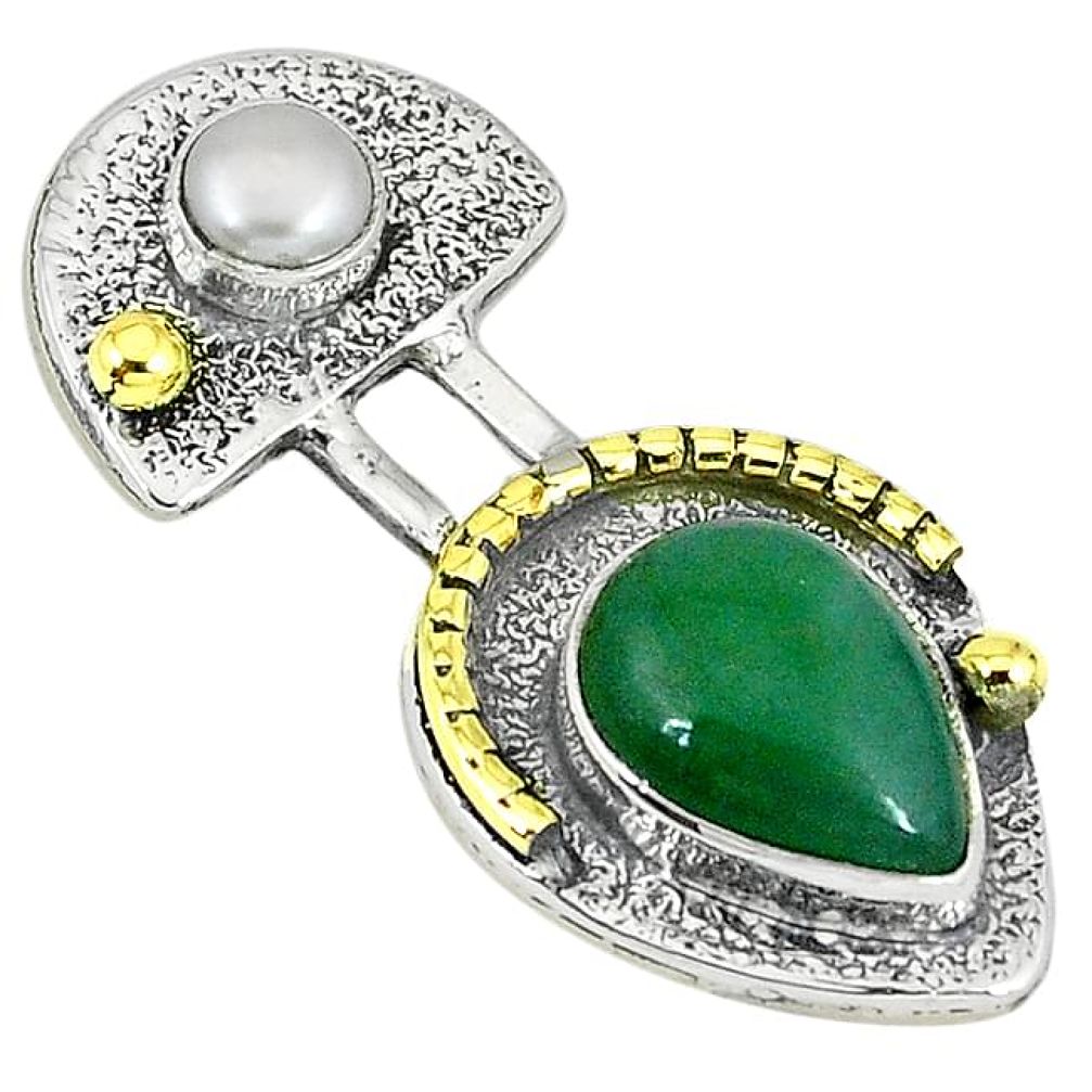 Victorian green jade pearl 925 sterling silver two tone pendant jewelry k19469
