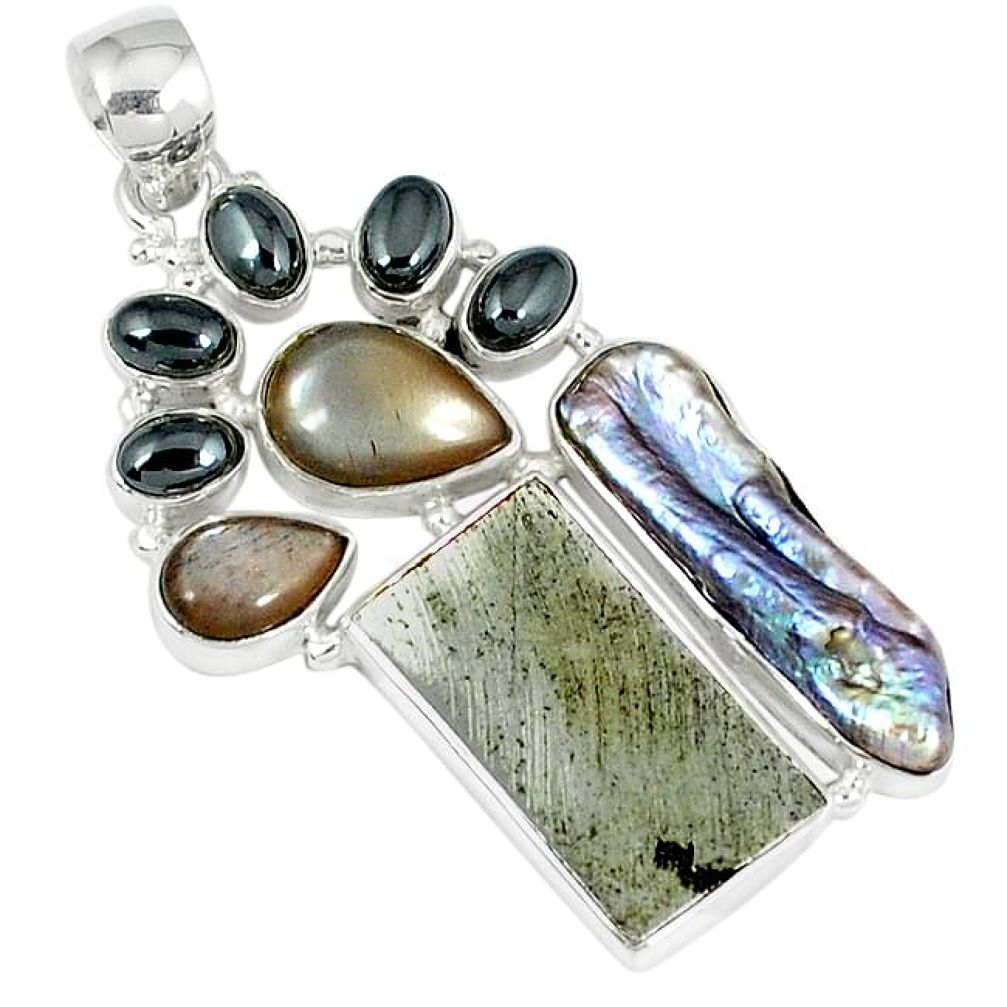 925 silver grey meteorite rainbow moonstone titanium pearl pendant k27378