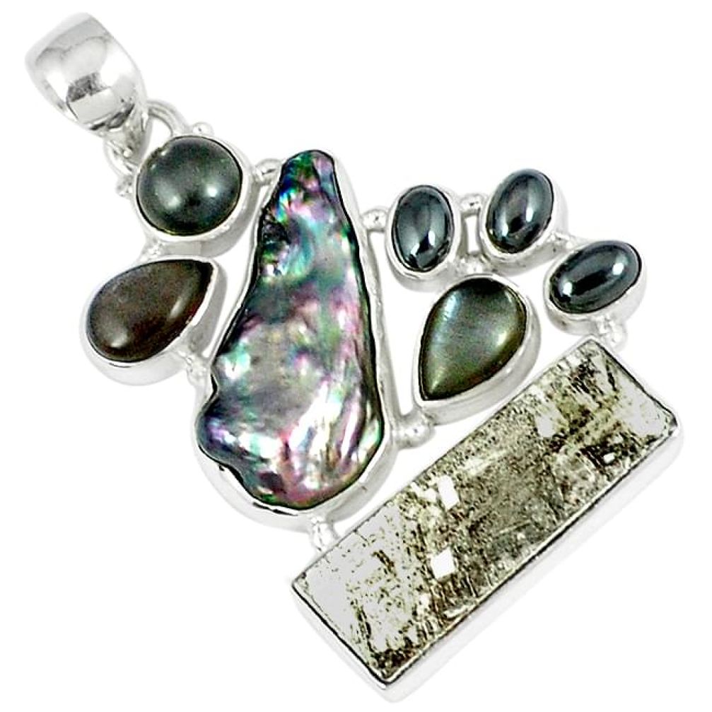 925 silver grey meteorite rainbow moonstone titanium pearl pendant k27379