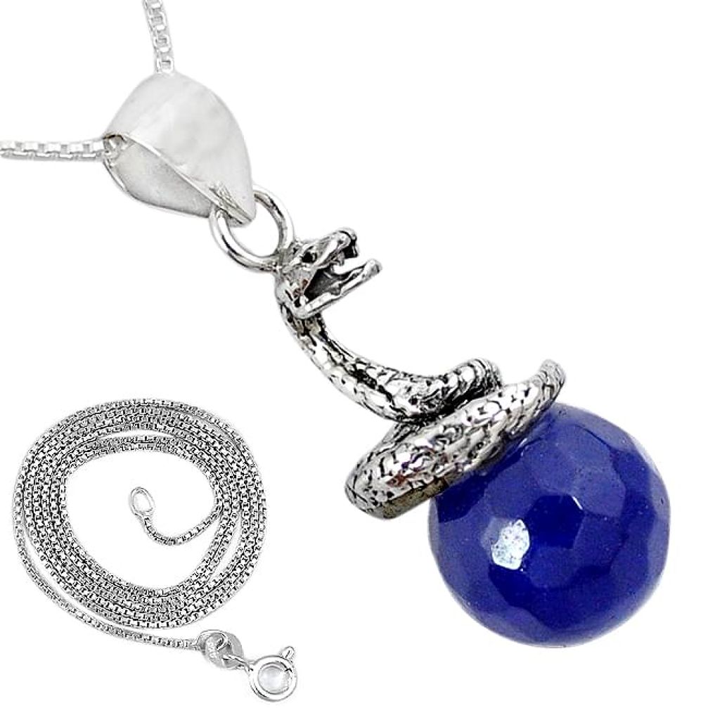 925 sterling silver blue jade ball shape snake 18' chain pendant k38255