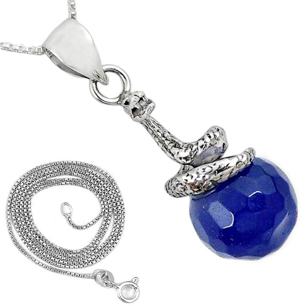 925 sterling silver blue jade ball shape snake 18' chain pendant k38256