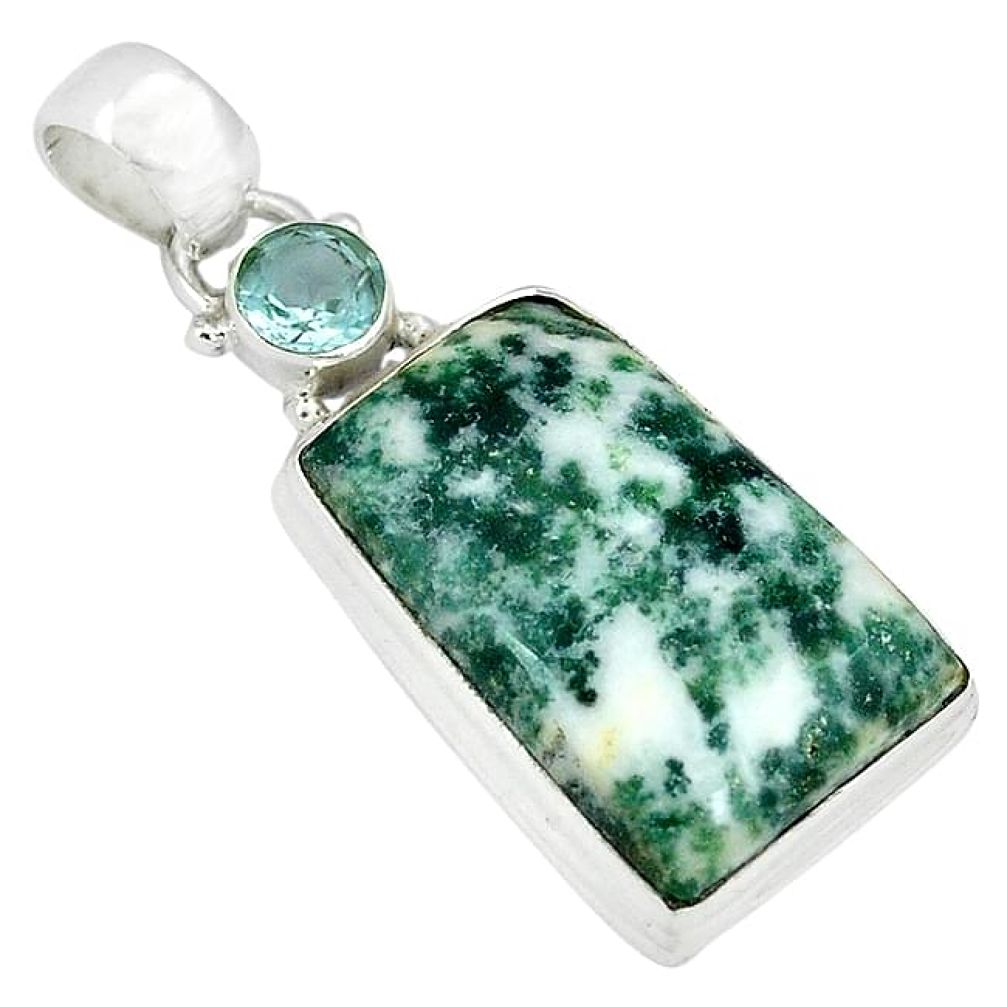 Natural white tree agate blue topaz 925 sterling silver pendant jewelry k38935