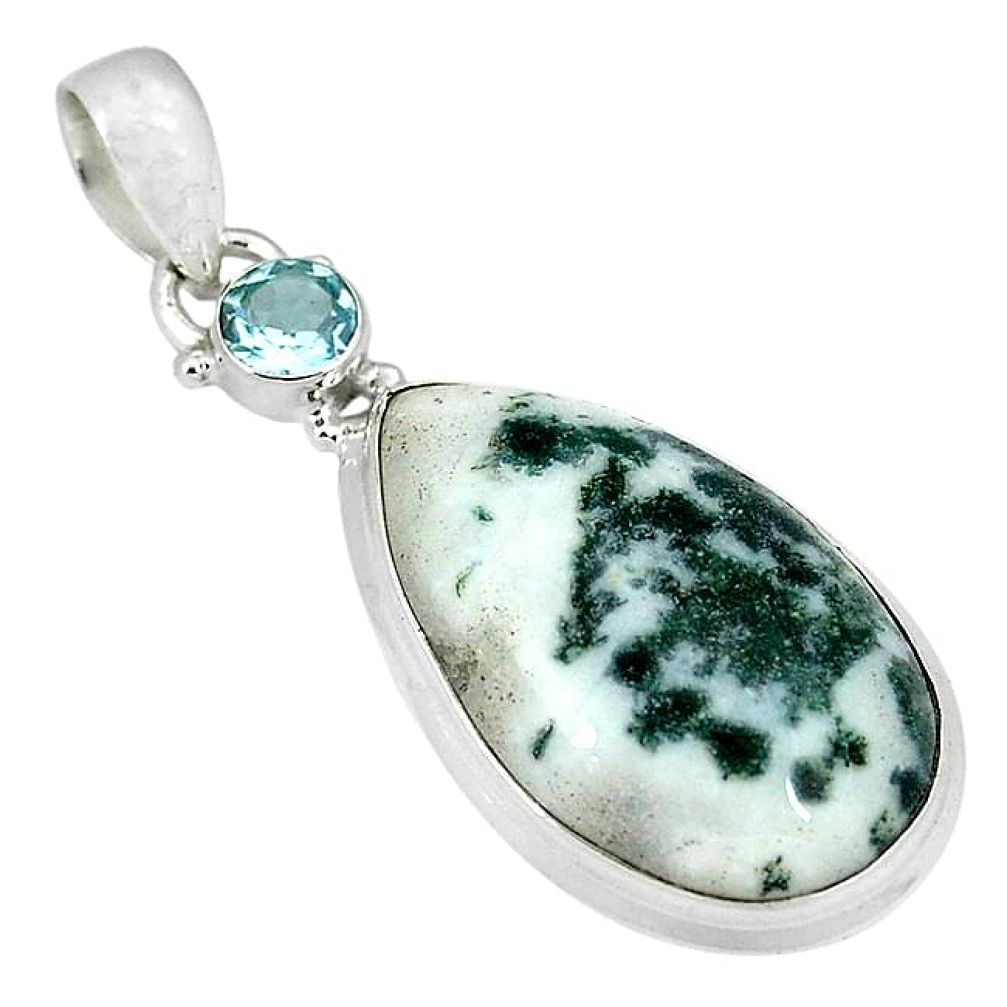 925 sterling silver natural white tree agate blue topaz pendant jewelry k38939