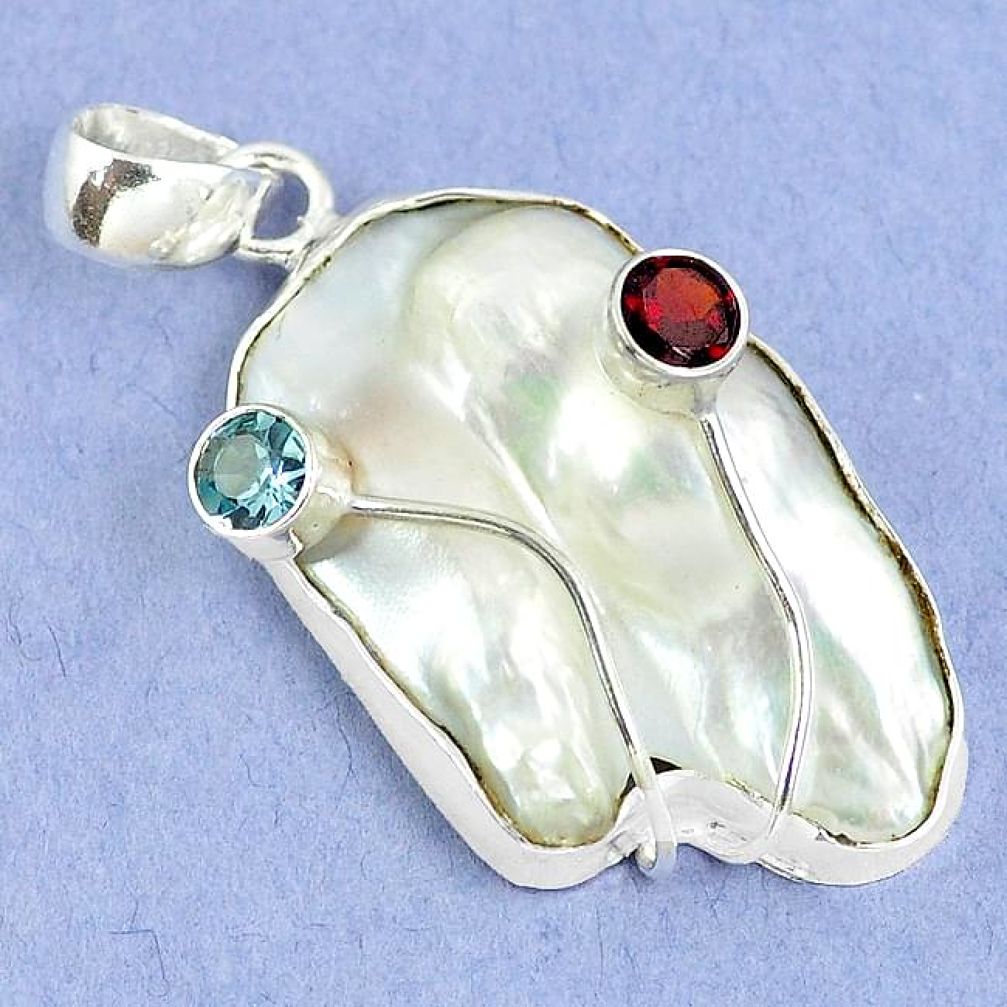 Natural white mother of pearl garnet topaz 925 sterling silver pendant k39591