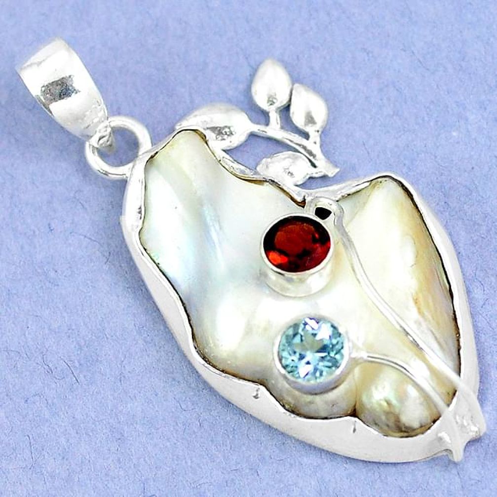 Natural white mother of pearl garnet topaz 925 sterling silver pendant k39593