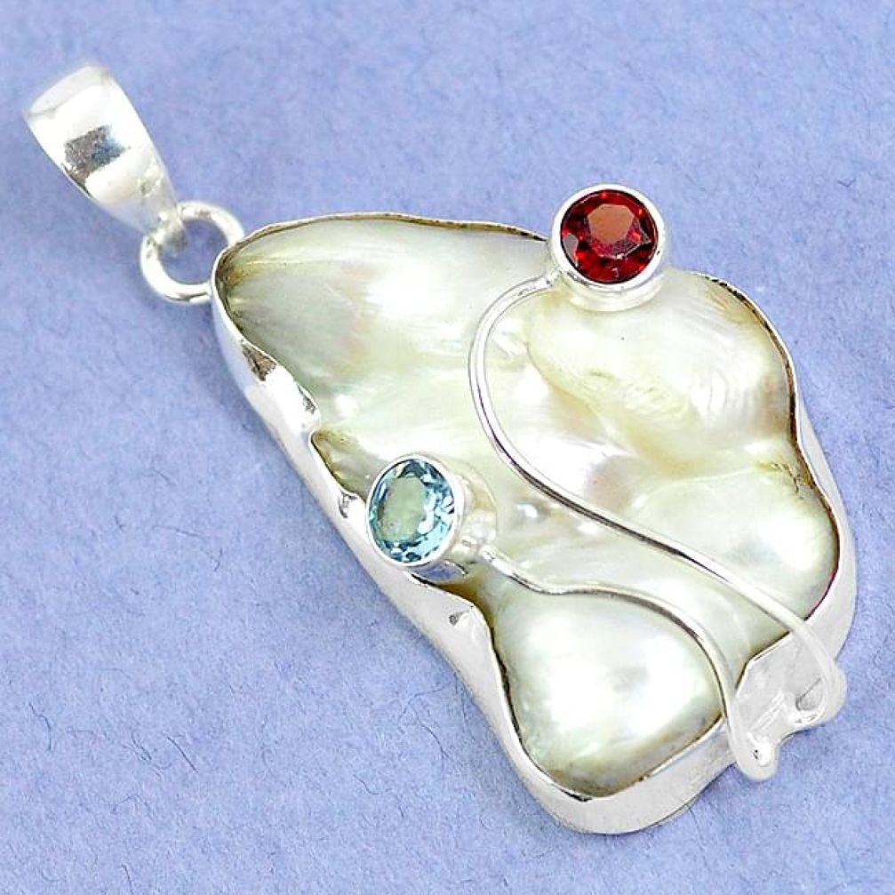 Natural white mother of pearl garnet topaz 925 sterling silver pendant k39594