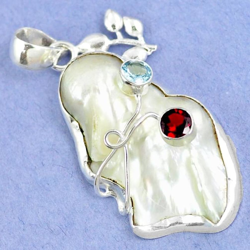 Natural white mother of pearl red garnet 925 sterling silver pendant k39598