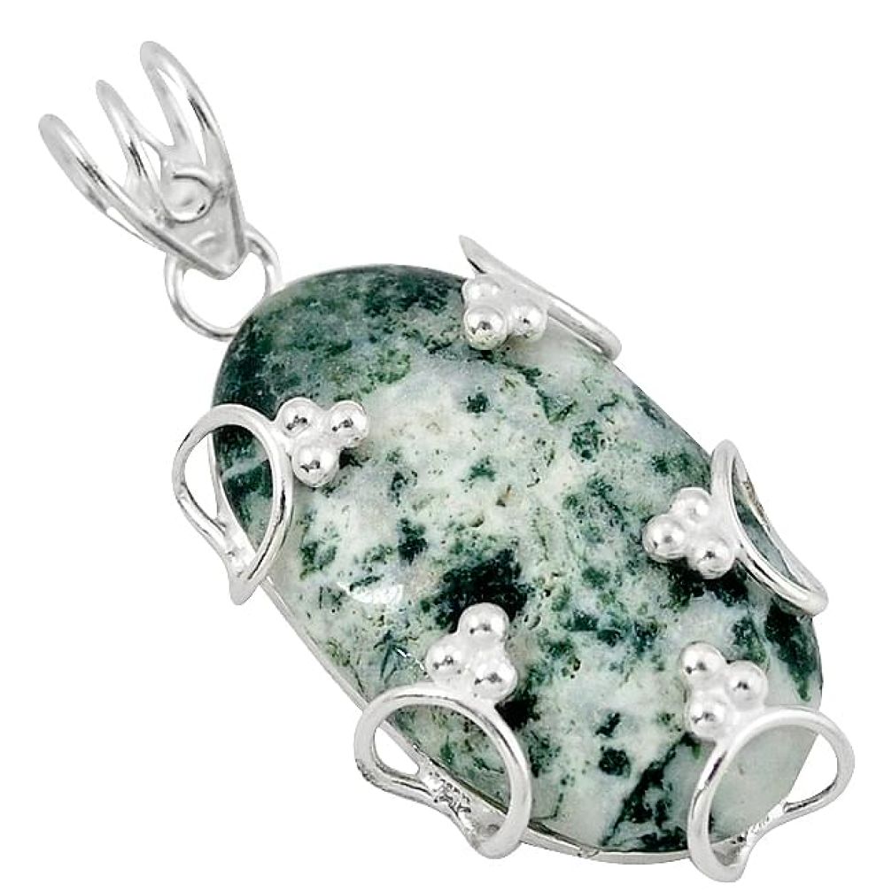 925 sterling silver natural white tree agate oval pendant jewelry k40934