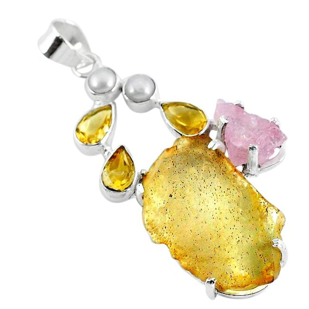 Clearance-925 silver natural libyan desert glass (gold tektite) pearl pendant k60829