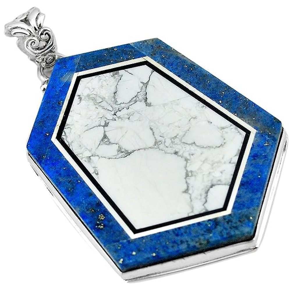 49.39cts natural white howlite lapis 925 sterling silver pendant jewelry k61639