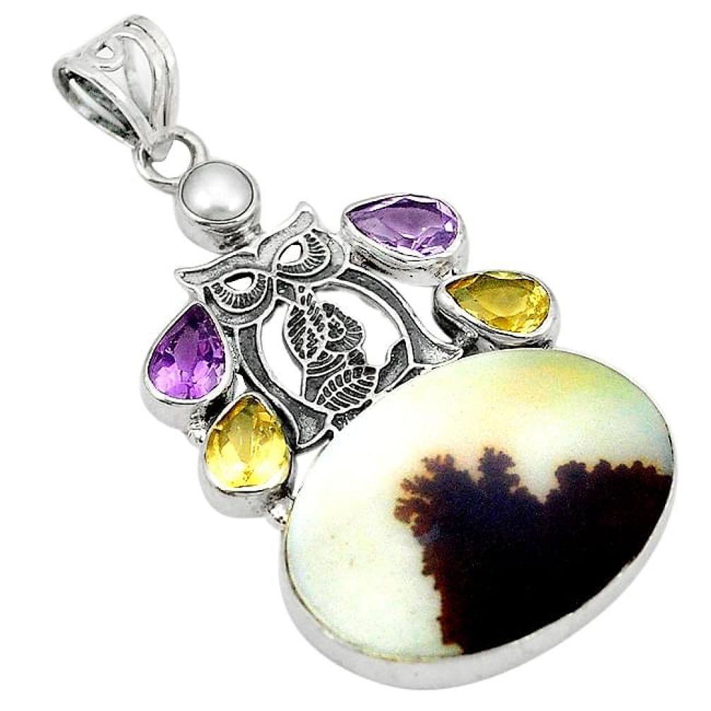 Natural black scenic russian dendritic agate amethyst 925 silver pendant k62097