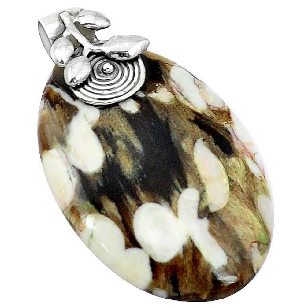 Clearance-Natural brown peanut petrified wood fossil 925 sterling silver pendant k62930