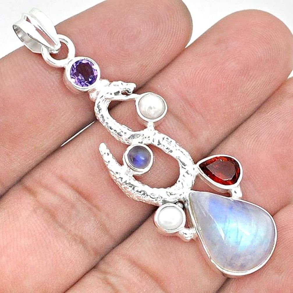 925 silver natural rainbow moonstone pearl garnet anaconda snake pendant k63114