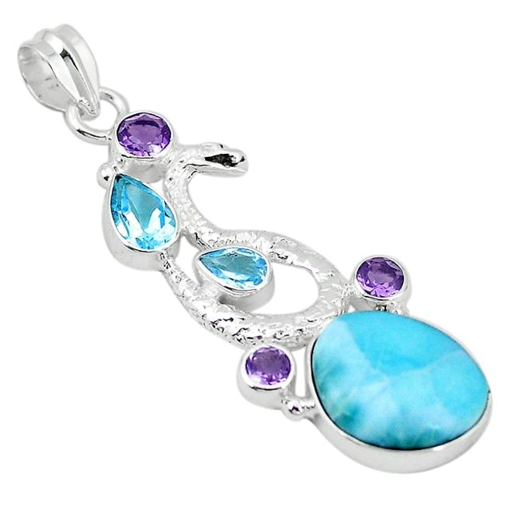 Natural blue larimar amethyst topaz 925 silver anaconda snake pendant k63228