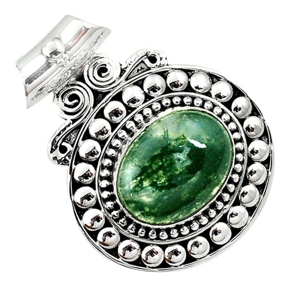 Clearance-925 sterling silver natural green moss agate oval pendant jewelry k66735