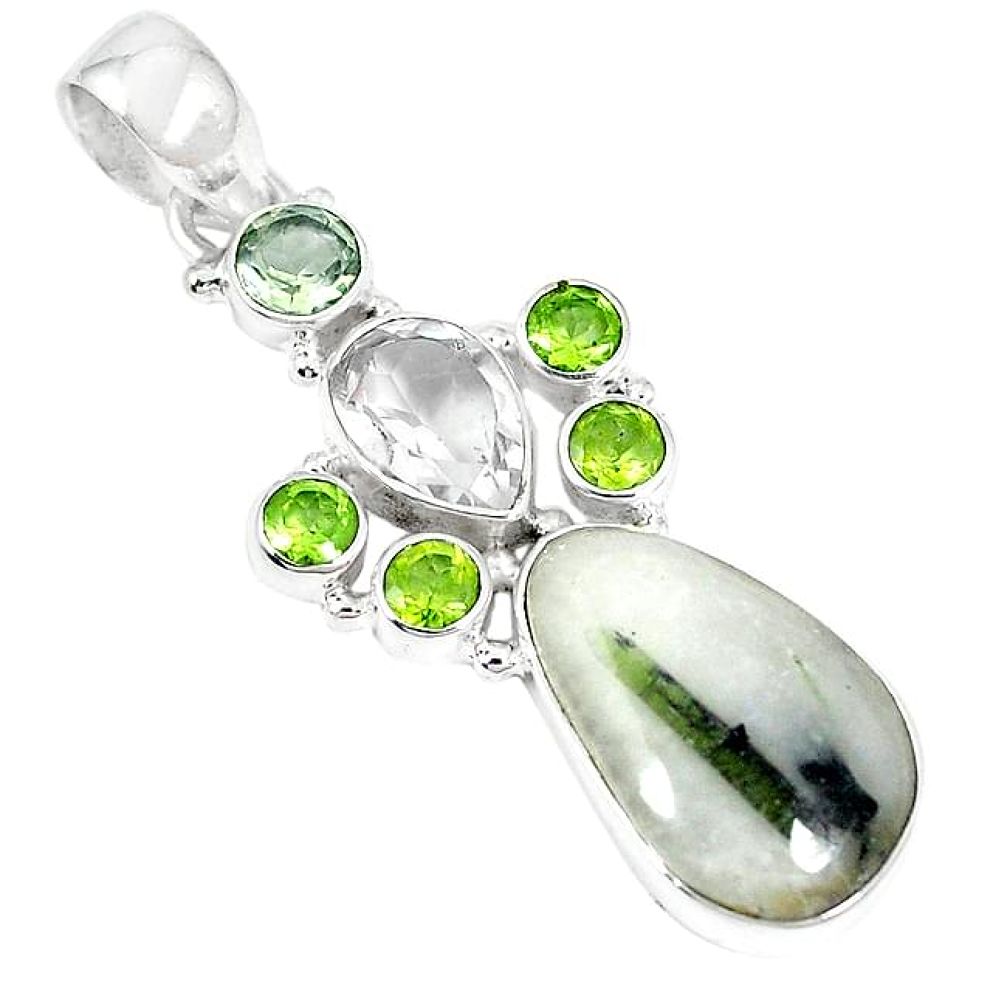 925 silver natural green tourmaline in quartz peridot pendant jewelry k73259