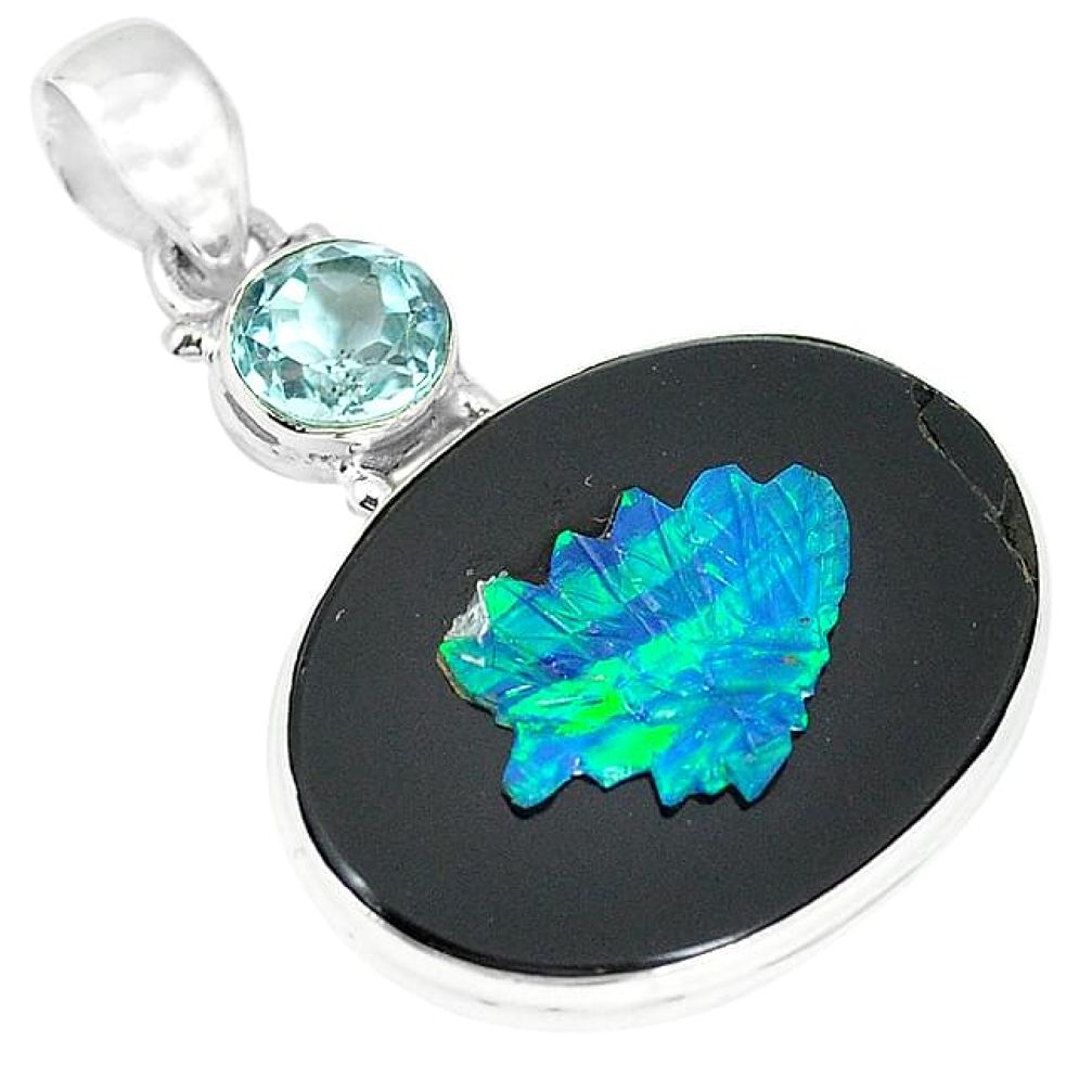 Clearance-Natural black cameo opal on onyx blue topaz 925 silver pendant jewelry k75302