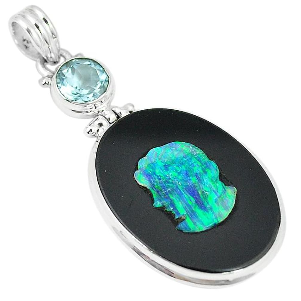 Clearance-925 sterling silver natural black cameo opal on onyx topaz pendant k75303